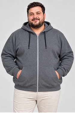 Erkek Battal Büyük Beden Üç İplik İçi Şardonlu Kapüşonlu Tam Fermuarlı Kışlık Sweatshirt - Füme Erkek Battal Büyük Beden Üç İplik İçi Şardonlu Kapüşonlu Tam Fermuarlı Kışlık Sweatshirt - Füme