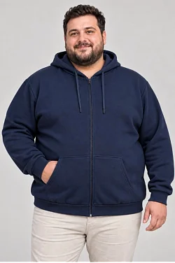 Erkek Battal Büyük Beden Üç İplik İçi Şardonlu Kapüşonlu Tam Fermuarlı Kışlık Sweatshirt - Lacivert