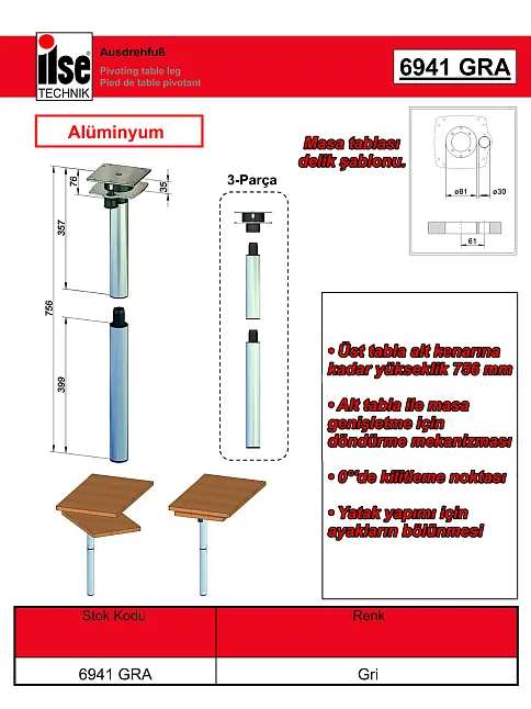 Karavan Döner Tip Masa Ayağı 75 Cm