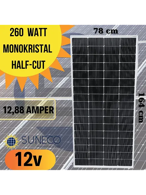 Suneco 260 W Half Cut Watt Monokristal Solar Güneş Paneli A Sınıf 12 Volt (19004a) Suneco 260 W Half Cut Watt Monokristal Solar Güneş Paneli A Sınıf 12 Volt (19004a)